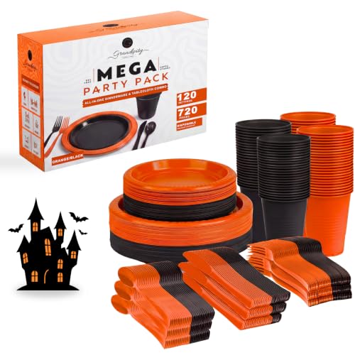 Grandipity Disposable Plastic Dinnerware Sets for Parties (720 pcs) - color: Orange/Black, size: 120 Guests (720 PCS)