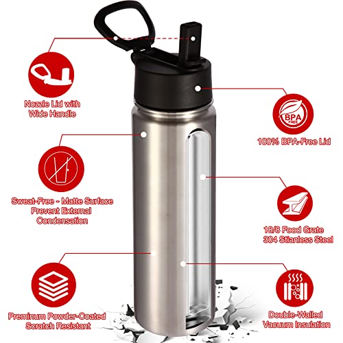 Volhoply Insulated Water Bottles with Straw Bulk 4 Pack, 22 oz Stainless Steel Sports Bottle with Handle Lid, Double Walled Vacuum Travel Water Cups with Wide Mouth for School Hiking(Silver,4 Set) - color: Silver