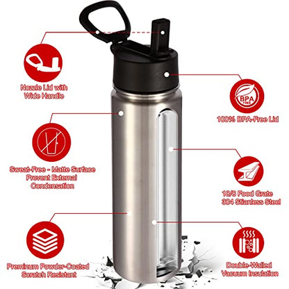 Volhoply Insulated Water Bottles with Straw Bulk 4 Pack, 22 oz Stainless Steel Sports Bottle with Handle Lid, Double Walled Vacuum Travel Water Cups with Wide Mouth for School Hiking(Silver,4 Set) - color: Silver
