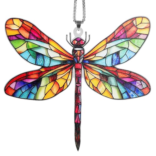 Colorful Dragonfly Acrylic Hanging Ornament, Stained Glass Dragonfly Car Rearview Mirror Charm, Dragonfly Suncatcher Window Decor, Christmas Tree Ornament Gift - color: Dragonfly-2