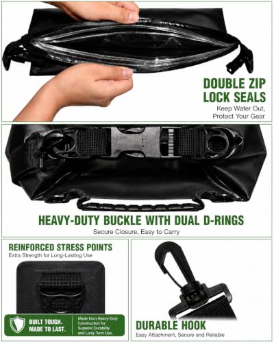 Freegrace Waterproof Dry Bag Set of 3 - Submersible Dry Sack with Double Zip Lock Seals - Includes Waist Pouch & Phone Case - Perfect for Kayaking, Swimming, Boating & Rafting (Black, 20L) - color: Black, size: 20L, style: Without Window