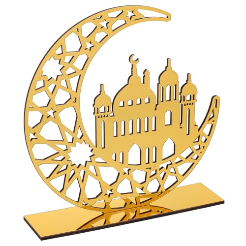 Acrylic Ramadan Decorations Islamic Eid Mubarak Kareem Table Sign Moon Hollow Star Ornament for Muslim Party Tabletop Decor Home Art Craft Decoration Golden Moon