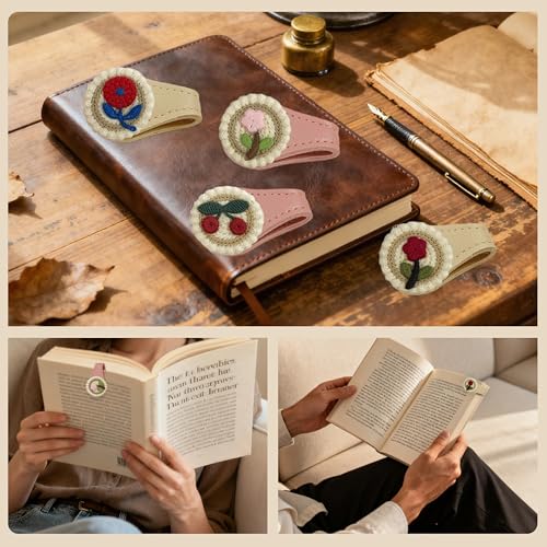 4Pcs Magnetic Leather Bookmark Set, Embroidery Magnetic Bookmarks Clips for Book Lovers Reading, Book Accessories(Flowers)