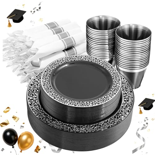 NOCCUR 210PCS Black and Silver Dinnerware Set for 30 Guests - Black Plastic Plates with Silver Rim Include 30 Dinner / 30 Dessert Plates, 30 Prewrapped Silverware, 30 Cups Ideal for Party/Graduation - color: Black&Silver