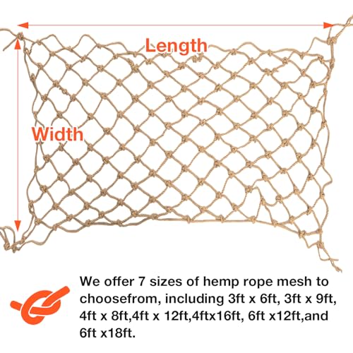 Hemp Rope Net (4ftx8ft) Heavy Duty Natural Jute Rope Net Climbing Safety Rope Netting Balcony Stairs Fence Garden Playground Protection Net Indoor & Outdoor Decor Rope Net - size: 4ftx8ft