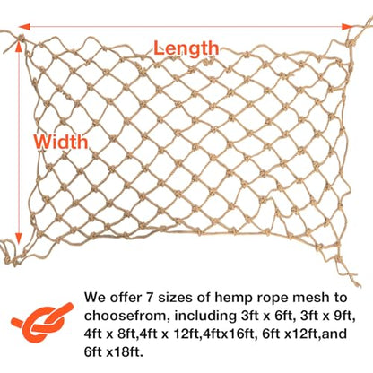 Hemp Rope Net (4ftx8ft) Heavy Duty Natural Jute Rope Net Climbing Safety Rope Netting Balcony Stairs Fence Garden Playground Protection Net Indoor & Outdoor Decor Rope Net - size: 4ftx8ft