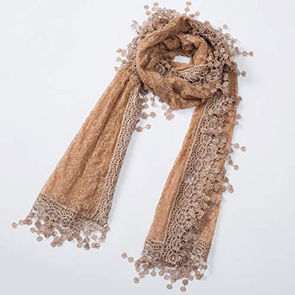Cindy & Wendy Lightweight Soft Leaf Lace Fringe Scarf Bridal Shawl for Women - color: Brown Floral With Fringes