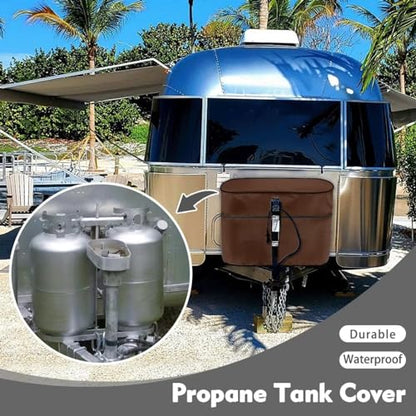 Brown Camper Dual 20lb RV Propane Tank Cover Travel Trailer Propane Tank Cover Waterproof Heavy Duty Propane Gas Cylinder Cover - color: Brown, size: S(20LB)