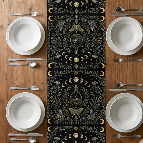 Whimsical Lunar Table Runner Butterfly Floral Moonphases Quartzcrystals Black Kitchen Table Runner for Dining Room Home Party Decor 13x120 Inch - size: 13"W x 120"L (Pack of 1)