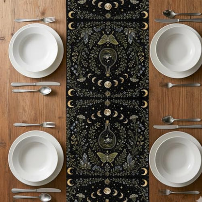 Whimsical Lunar Table Runner Butterfly Floral Moonphases Quartzcrystals Black Kitchen Table Runner for Dining Room Home Party Decor 13x120 Inch - size: 13"W x 120"L (Pack of 1)