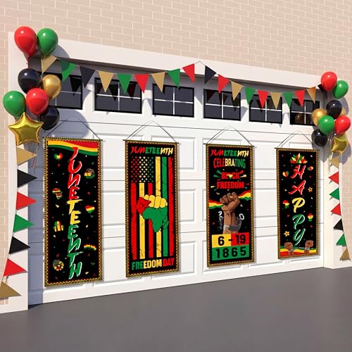 Panelee 4 Pcs Happy Juneteenth Porch Sign Banners Juneteenth Decorations African American Independence Day Freedom Day Banner Backdrop for Classroom School Doorway Indoor Outdoor Wall Hanging Decor - style: Juneteenth