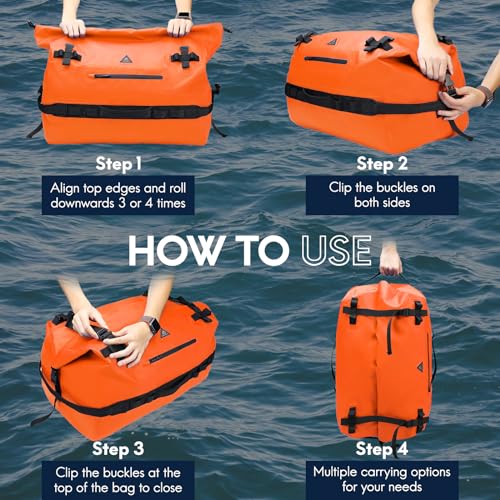 Haimont IPX7 Waterproof Roll-Top Dry Duffel Backpack | 60L/90L Sizes, 500D Tarpaulin, Welded Seams, Mesh Pockets, Boating & Kayaking - color: Orange, size: 60L