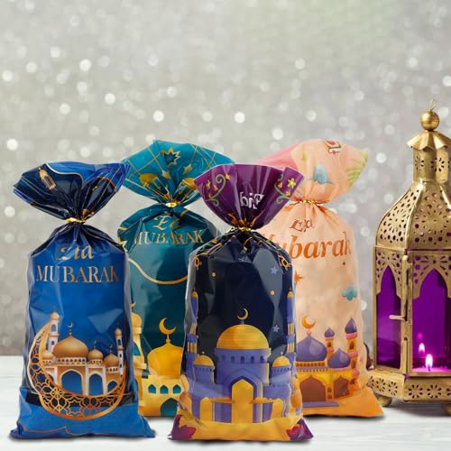 Ramadan Cellophane Treat Bags, Eid Mubarak Candy Bags, 120 PCS Plastic Eid Mubarak Ramadan Gift Bags Goodie Bags Cookie Bags with Twist Ties for Islam Muslim Eid Mubarak Ramadan Party Favor Supplies - color: style 1-120pcs
