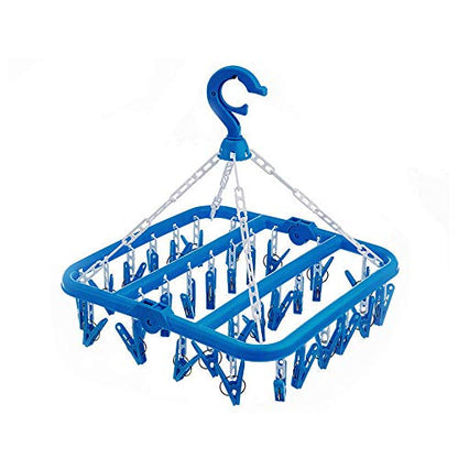 SteelFever Clothes Drying Hanger with 32 Clips, Foldable Hanging Drying Rack for Clothes Underwear Socks (Blue) - color: Blue