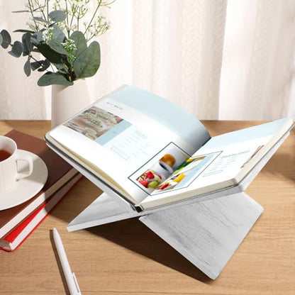 Geetery Book Stand Bamboo Book Holder for Display Reading Textbook Holder Open Display Stand for Open and Closed, Cookbook, Magazines, Textbooks, Recipe(White) - color: White