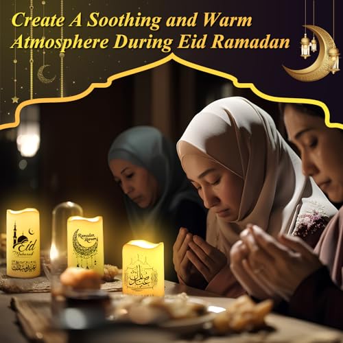 Tujoe 3 Pcs Eid Mubarak Flickering Flameless Candles Ramadan Decor Eid Mubarak LED Battery Operated Candles Candle Lights for Muslim Eid Ramadan Decor for Home(Moon) - style: Moon
