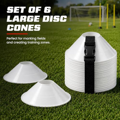 American Challenge Large Disc Cones – Set of 6 Agility Cones for Sports Training – Compact Soccer Cones with Carry Strap for Drills & Practice - color: White