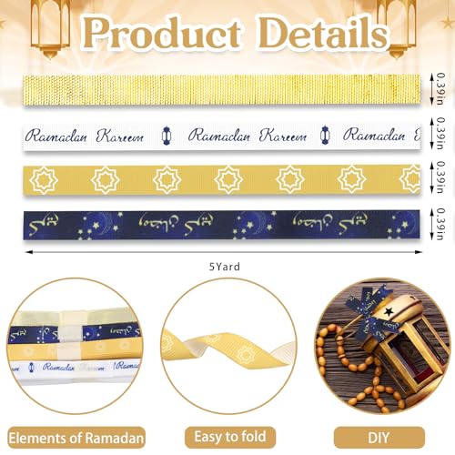 ABTOLS 4롤 20야드 라마단 리본, 1.9cm(3/8인치) 블루 골드 화이트 그로그랭 리본, 이드 무바라크 라마단 문 스타 랜턴 리본 메탈릭 글리터 리본 이슬람 무슬림 장식용 - color: 블루.