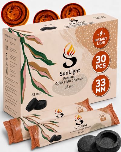 Sunlight Premium Charcoal Tablets for Incense - Instant Light - 30 Discs - 33mm - Resin Burner Rolls - Pack of 30 Coal Briquettes - Instant Fire Coal