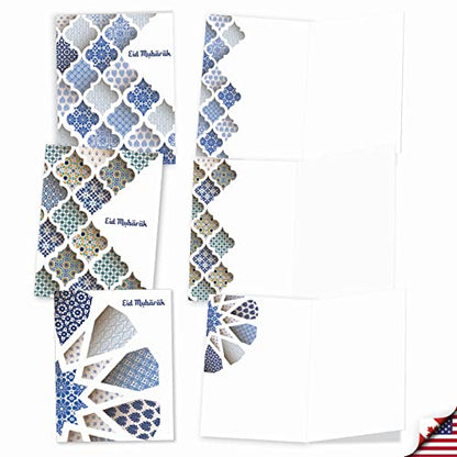 The Best Card Company - 20 Assorted Blank Eid Mubarak Notes Bulk Box Set 4 x 5.12 Inch with Envelopes (10 Designs, 2 Each) Islam Holiday Cards Eid Mubarak Dimensions AM10424RDG-B2x10 - style: Eid Mubarak Dimensions - Blank