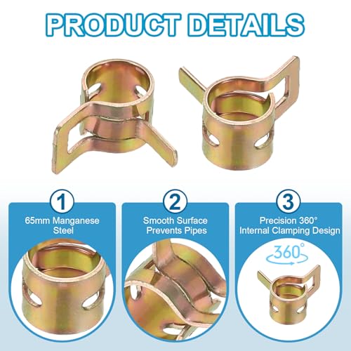 PATIKIL Spring Band Hose Pipe Clamps for 7-8.2 mm OD Hose, 50 Pack Silicone Vacuum Constant Tension Band Clips for Fuel Line Silicone Air Hose Tube Water Pipe, Gold - size: 7-8.2 mm