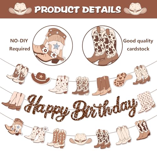 3Pcs Brown Western Cowboy Happy Birthday Banner Cherry Bow Boots Party Hanging Banner Cowboy Theme Birthday Bridal Wedding Baby Shower Boys Girls Kids Home Classroom Party Supplies Decoration - color: Brown