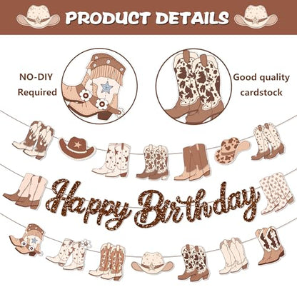 3Pcs Brown Western Cowboy Happy Birthday Banner Cherry Bow Boots Party Hanging Banner Cowboy Theme Birthday Bridal Wedding Baby Shower Boys Girls Kids Home Classroom Party Supplies Decoration - color: Brown