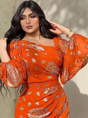 Women Floral Gold Stamping Chiffon Dress Turkish Dubai Party Evening Dress Puff Sleeve Long Gown - size: Small