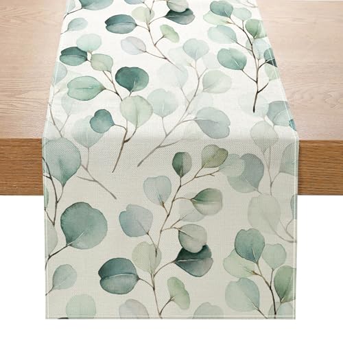 Eucalyptus Leaves Table Runner 13x72 Inch Seasonal Spring Summer Green Plant Kitchen Dinning Table Decoration for Indoor Outdoor Birthday Home Party Decor