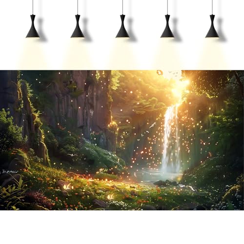 Fantasy Forest Aquarium Background Waterfall Cascades Tranquil Pool Fish Tank Background Enchanted Glade Vibrant Blooms Sunray Reptile Tank Backgrounds Fireflies Oasis Terrarium Backgrounds 24x12in - color: Golden Green, size: 24(W)x12(H)inches/ 60(W)*30c