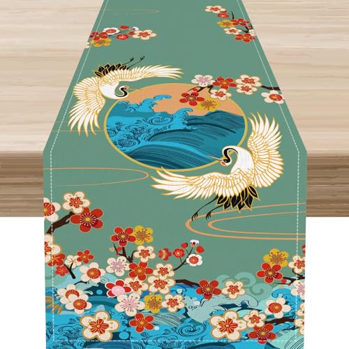 Japanese Table Runner, Cherry Blossom Asian Pine Tree Crane Birds Anime Nature Vintage Asian Oriental Chinese Elegant Table Center Decor for Home Kitchen Dining Patio Indoor Outdoor, 13"x36" Inch - color: Japanese-12, size: 13x36" Table Runner