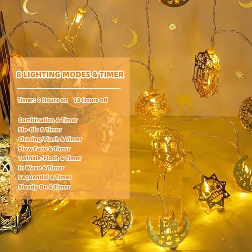 Ramadan Decorations for Home Ramadan Lights 13FT 20LED USB or Battery Operated 8 Modes Timer Iron Star Moon Fairy Twinkle Lights Eid Mubarak Decor Warm White (Metal R20)