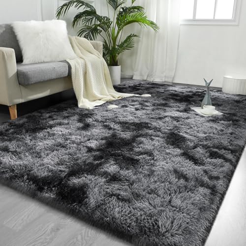 FlyDOIT Large Area Rugs for Living Room, 4x6 Feet Tie-Dyed Black and Grey Shaggy Rug Fluffy Throw Carpets, Ultra Soft Plush Modern Indoor Fuzzy Rugs for Bedroom Girls Kids Nursery Room Dorm Home Decor - color: Tie-dyed Black and Grey, size: 4' x 6' (Recta