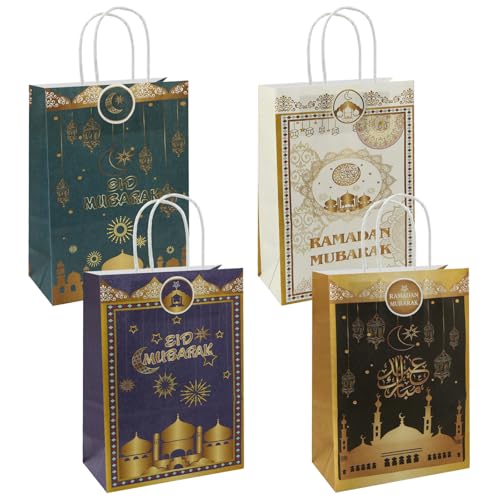 Eid Mubarak Gift Bags - 12 Pcs Ramadan Paper Gift Bags with Handles, Mosque Moon Star Reusable Party Favor Candy Goodie Bag for Muslim Eid al-Fitr Festival Celebration
