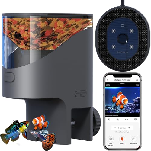 WiFi Automatic Fish Feeder with 2.5K Camera, 2.4/5G Smart App Control, Vacation Feeding Timer, 200ml Moisture-Proof Flake Food Dispenser, Remote Precision Aquarium Feeder for 10+ Gallon Tanks - color: Dark Grey