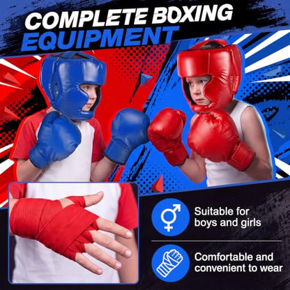 Kanayu 12 Pcs Kids Boxing Equipment Set for Beginners Ages 6-18 Years Including Boxing Helmet and Gloves Hand Wraps Sport Mouthguards Taekwondo Sparring Gear for Kids and Children - color: Blue, Red