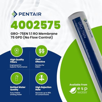 Pentair GRO-75EN RO Membrane 75 GPD with No Flow Control 4002575 – 1:1 Ratio High Efficiency TLC Encapsulated Reverse Osmosis Element with 1/4 Inch with Permeate Check Valve - size: 75 GPD No Flow Control