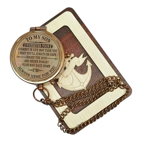 Deocar Engraved Brass Compass with Inspirational Quotes and Wooden Box –Gift for Son, Husband, Grandson, or Travelers – Ideal for Birthdays Graduation Christmas or Special Occasions - style: To My son