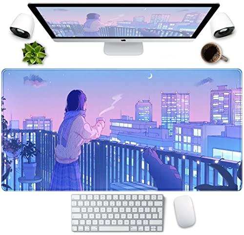 Purple Anime Kawaii Desk Mat Mousepad Cute Cat XXL Large Gaming Japanese Girly Aesthetic Mouse Pad Tokyo Street Desk Mat 31.5x15.75 in, Girl Gamer Desktop Mat Computer Laptop Keyboard Mouse Mat - color: Purple Pink Anime Girly