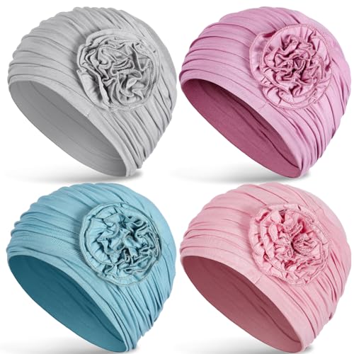 JenPen 4 Pcs Cotton Chemo Headwear for Women Turban Soft Cancer Head Scarf Hats Beanie Elastic Hair Wraps - color: Warm Colors