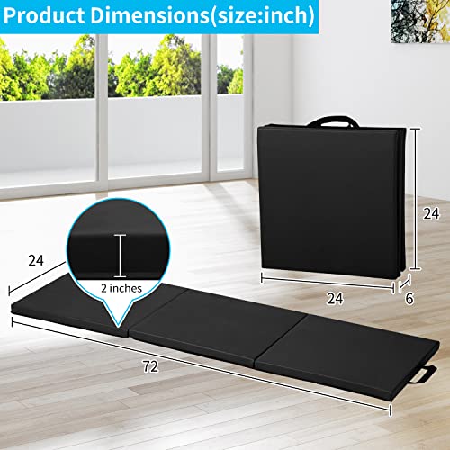 BLKMTY Gymnastics Mat, 2"x6' Folding Exercise Yoga Mat for Kids Tumbling | PU Leather Workout Mat, with Carrying Handles, For Home Gym Aerobic Fitness - color: Black
