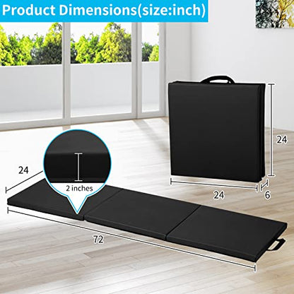 BLKMTY Gymnastics Mat, 2"x6' Folding Exercise Yoga Mat for Kids Tumbling | PU Leather Workout Mat, with Carrying Handles, For Home Gym Aerobic Fitness - color: Black
