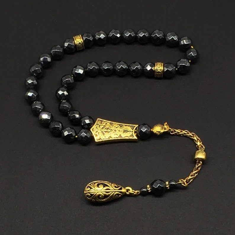 Design - Long & Stylist Tassels Worry Beads - Prayer Beads (8 mm-33 Beads) Tesbih-Tasbih-Tasbeeh-Misbaha-Subha-Sebha-Sibha-Rosary (Non-Magnetic Faceted Hematite 8mm 33 Beads - Gold Tassel) - color: Non-Magnetic Faceted Hematite 8mm 33 Beads - Gold Tassel