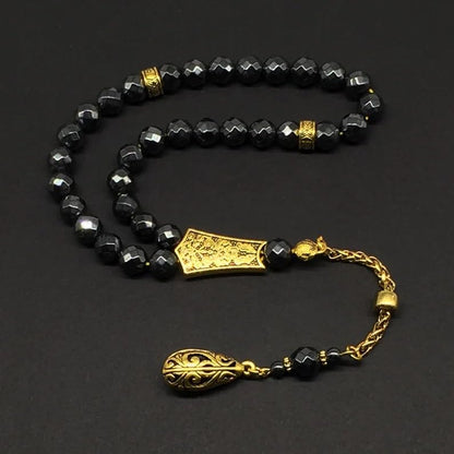 Design - Long & Stylist Tassels Worry Beads - Prayer Beads (8 mm-33 Beads) Tesbih-Tasbih-Tasbeeh-Misbaha-Subha-Sebha-Sibha-Rosary (Non-Magnetic Faceted Hematite 8mm 33 Beads - Gold Tassel) - color: Non-Magnetic Faceted Hematite 8mm 33 Beads - Gold Tassel
