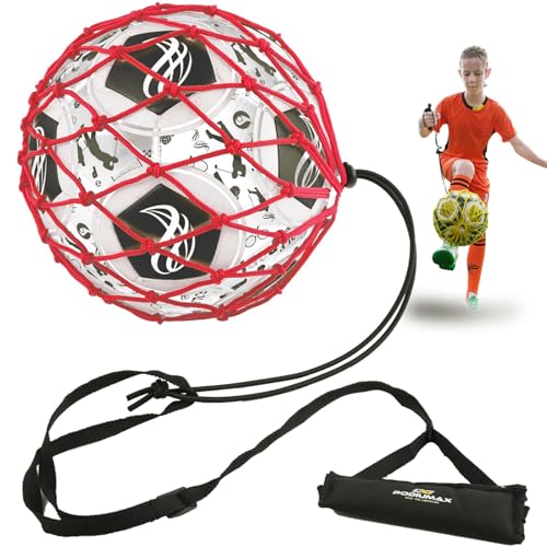 PodiuMax Handle Solo Soccer Kick Trainer with New Ball Locked Net Design, Soccer Ball Bungee Elastic Training Juggling Net (Fits Ball Size 3, 4, 5) - color: Red