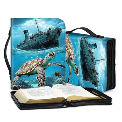 PU Leather Bible Cover with Handle & Pockets, Large Capacity Bible Case, Water-Resistant Scripture Organizer Bag with Bonus Card Holder, Christian Gift for Women & Men, Majestic Sea Turtle - color: Majestic Sea Turtle