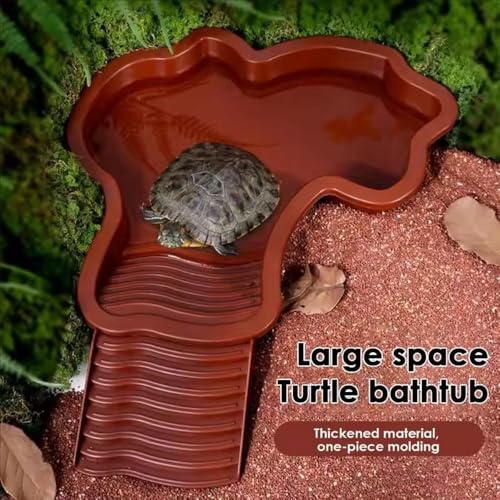 Extra Large Reptile Bathing Pool Reptile Feeding Dish Water Bowl with Ramp Aquarium Ornament for Gecko, Snake, Turtle, Bearded Dragon, Lizard Bath (Brown Red) - color: Brown Red