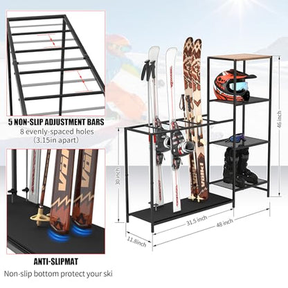 Freestanding Ski Rack, Ski Storage Rack w/Width-Adjustable Bars, Ski & Snowboard Rack Organizer for Garage, Home