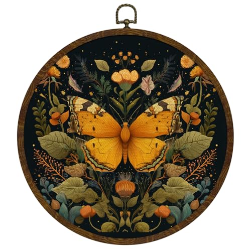 William Morris Inspired Vintage Butterfly Round Wall Art Decor,Retro Insect Canvas with Frame Wall Hanging Decor, Mid-Century Modern Round Art Decorations for Home Bedroom,or Gift 10x10In (BY0615) - color: BY0615