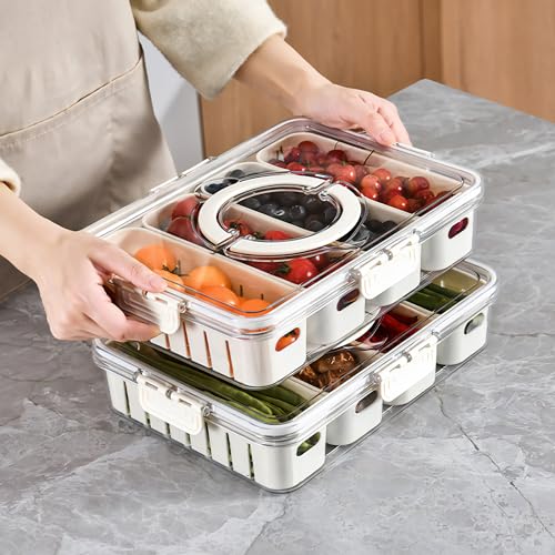 Divided Veggie Tray with Lid and Handle 4 Compartment Serving Tray Portable Travel Snack Storage Containers Stackable Snackle Box Charcuterie Container for Fruit,Vegetable,Salad - size: 1 Pack-4 Compartment